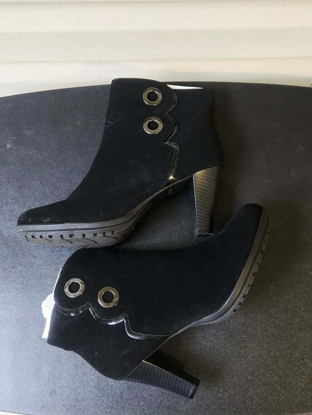 Black Suede Heel Ankle Boots with Grommet Detail